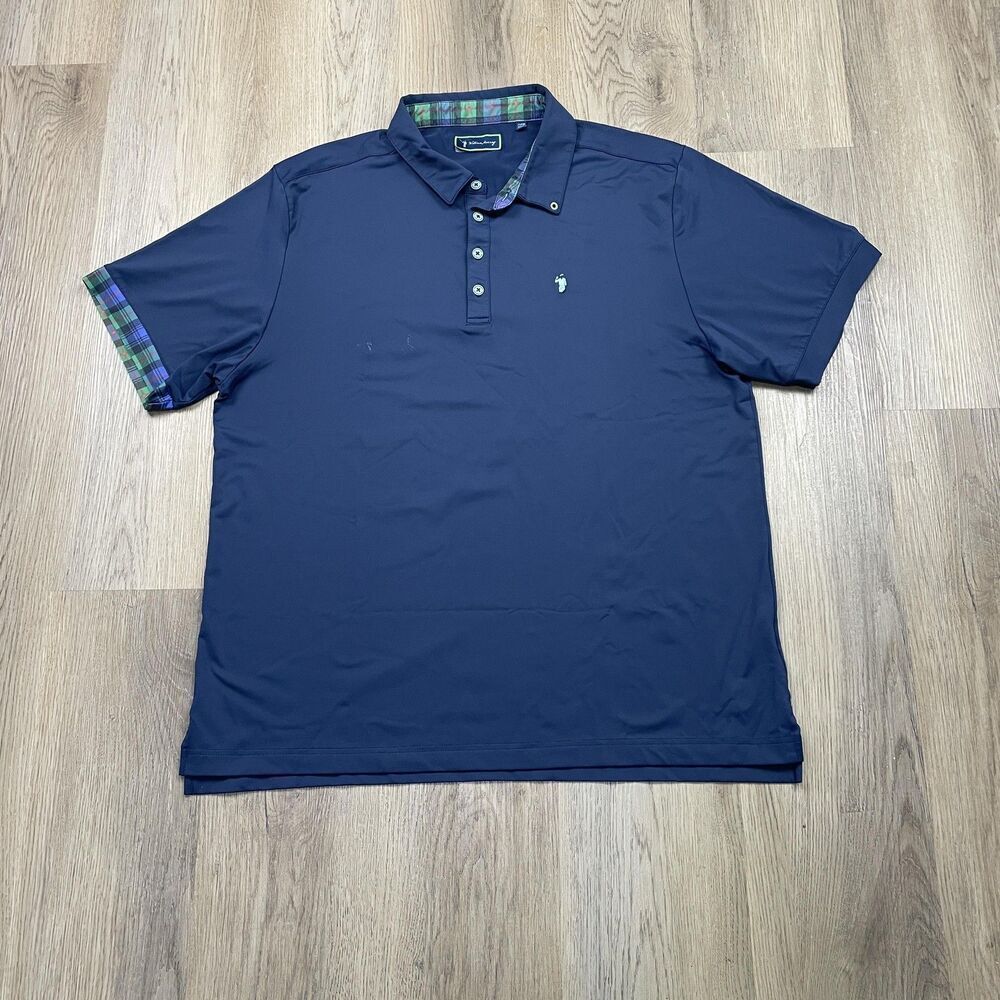 William Murray Polo Shirt Mens XL Navy Blue Golf Tartan Cuff Trim Performance